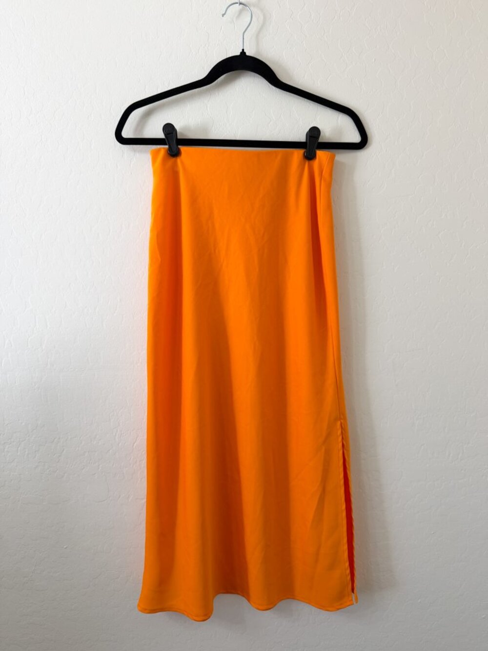 A New Day Orange High Waisted Satin Midi Skirt with Side Slit